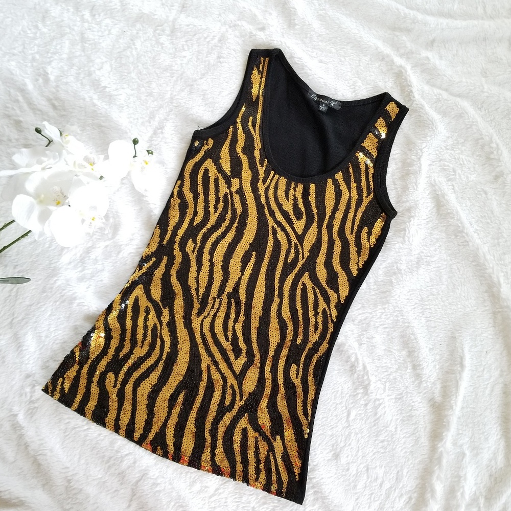 Black and Gold Sequin Tiger Print Tank Top